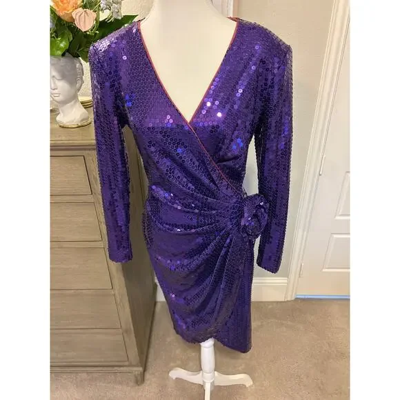 Tadashi | Vintage Purple Sequined Dress with Rhinestone Adorn Flower | 6 - Picture 4 of 15